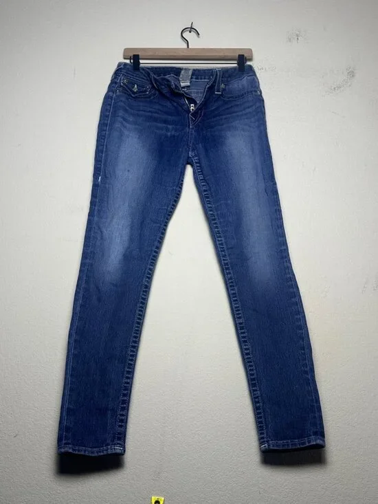 True Religion Women 30 Denim Blue Jean Pant USA Made Legging Tapered Slim Y2K - Picture 1 of 16